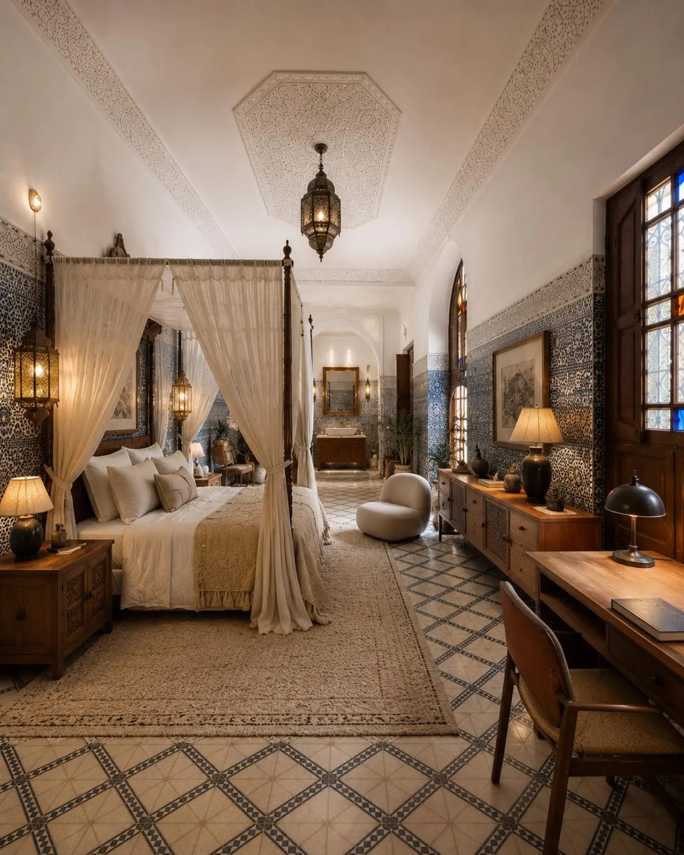 Chambre à baldaquin avec zellige bleu, bois sculpté et lumière de vitrail
