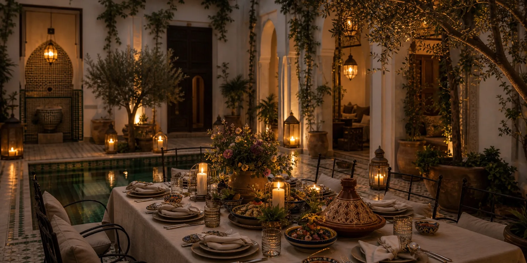 Dîner marocain aux bougies dans le patio près du bassin