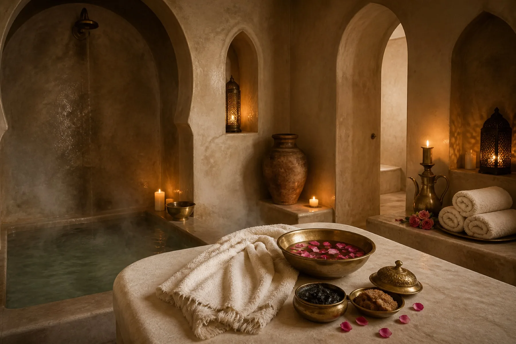 Hammam privé en tadelakt avec bols de laiton, serviettes, bougies et vapeur douce