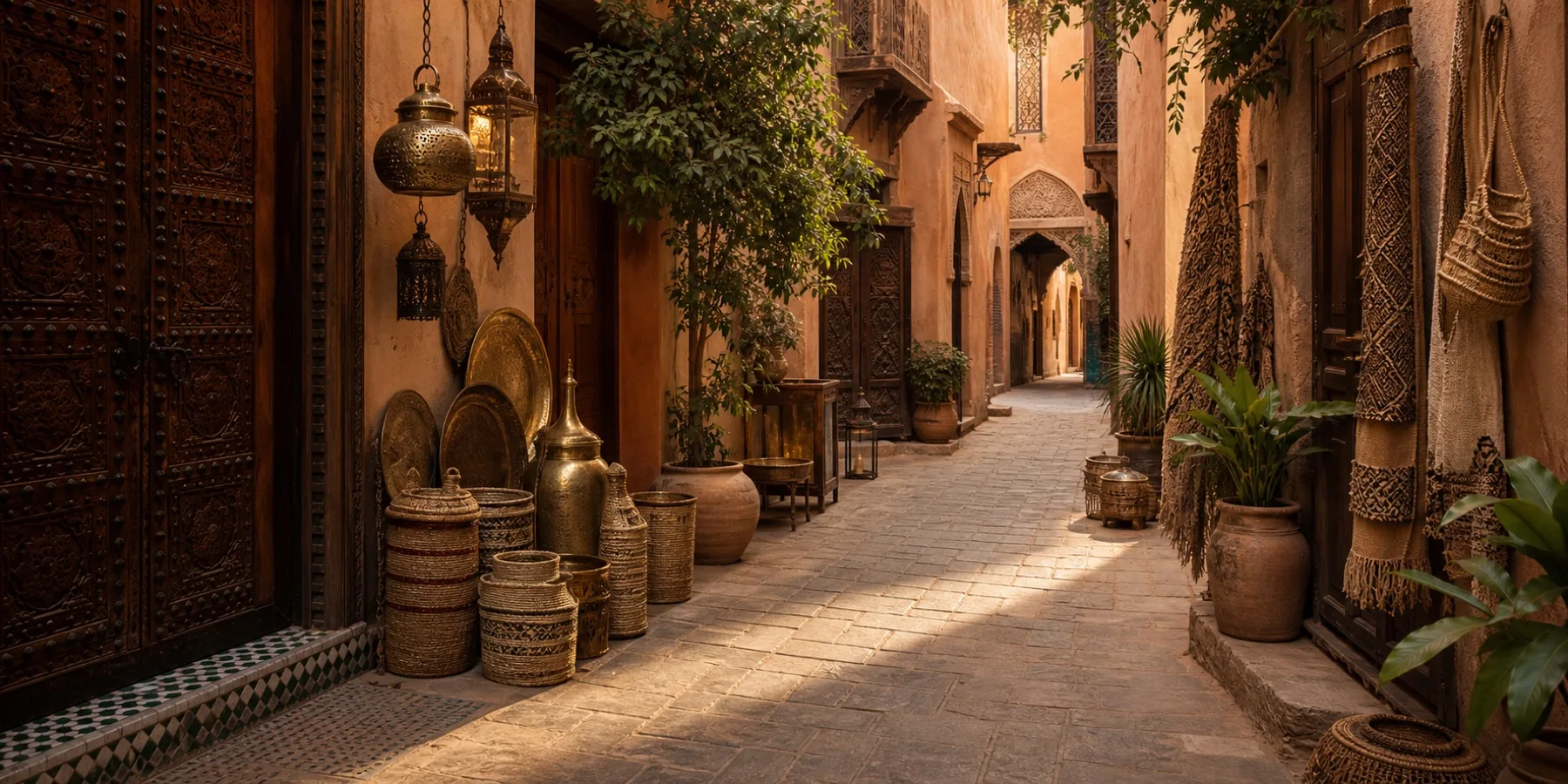 Ruelle artisanale paisible de la médina avec portes sculptées et lanternes en laiton