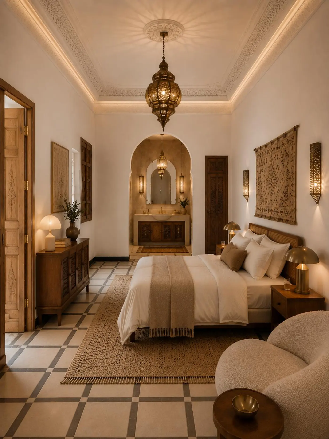 Chambre paisible avec tapisserie, alcôve et salle d'eau arquée