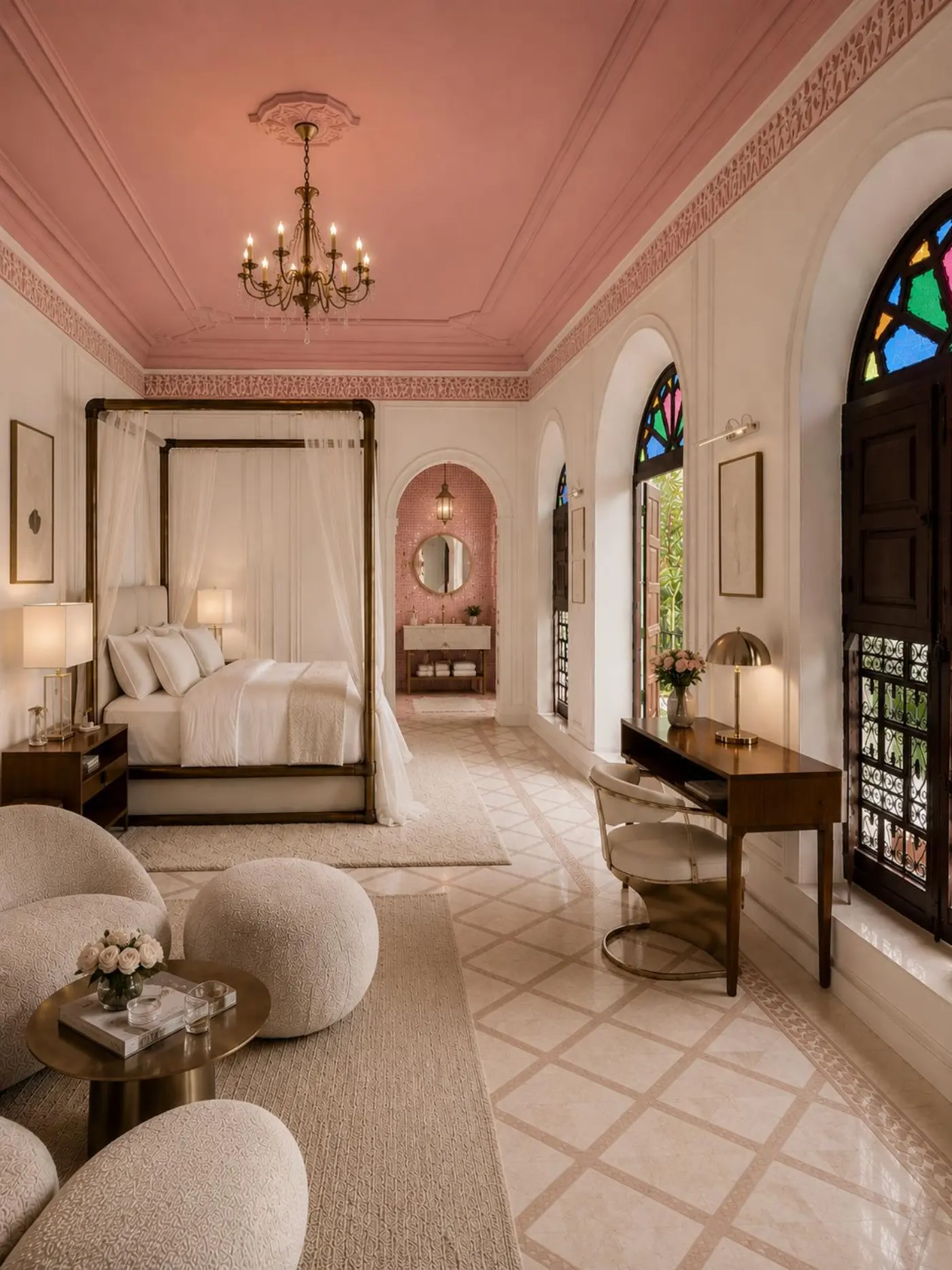 Suite with pink ceiling, stained glass and canopy bed