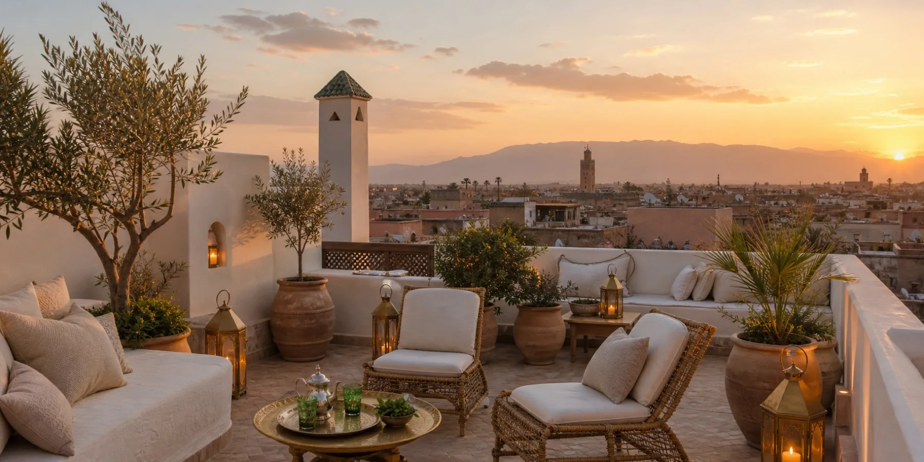 Toit-terrasse avec oliviers, coussins, lanternes et vues au coucher du soleil