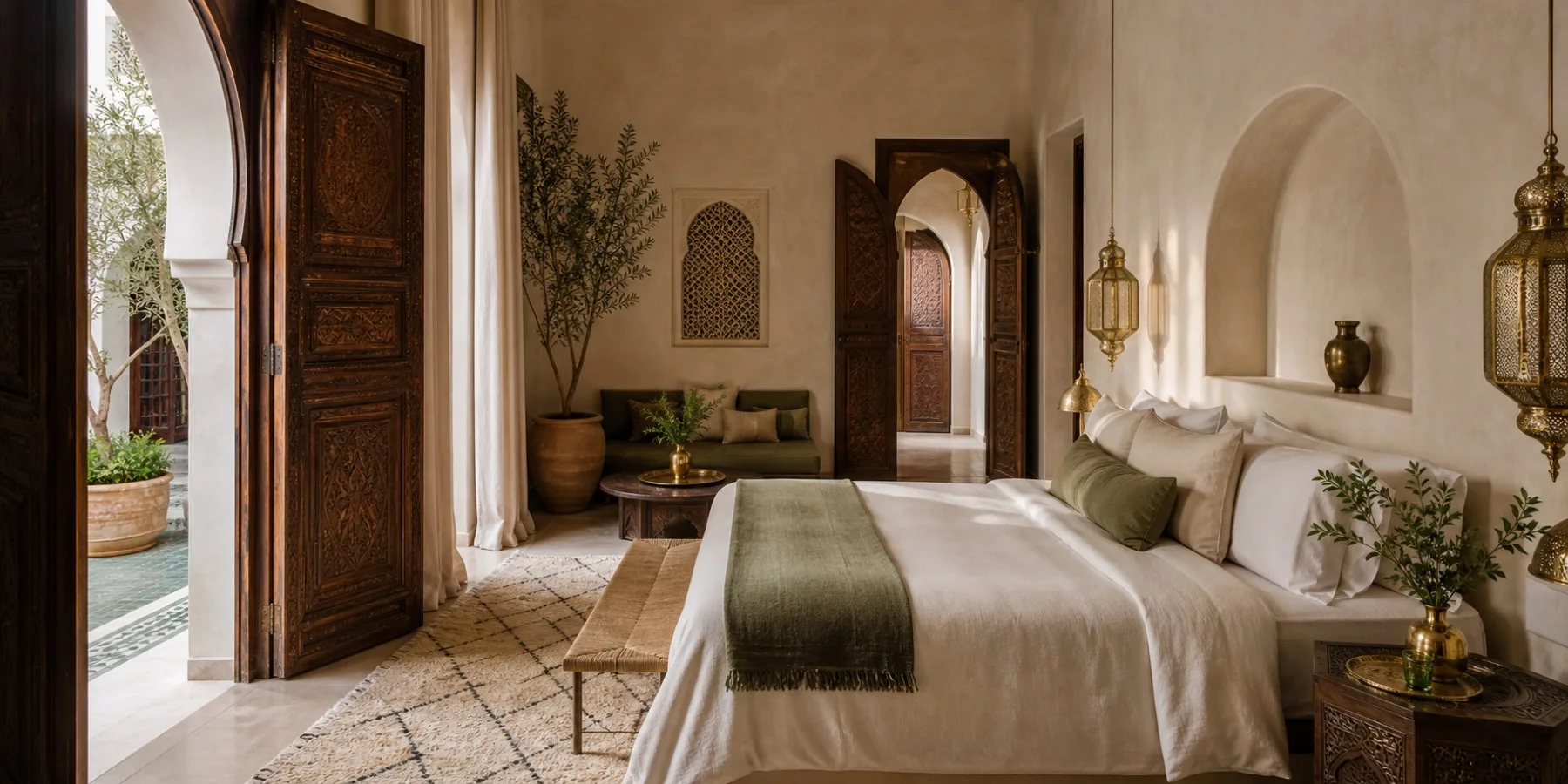 Suite raffinée de riad marocain avec portes en cèdre sculpté, murs en plâtre et lumière douce