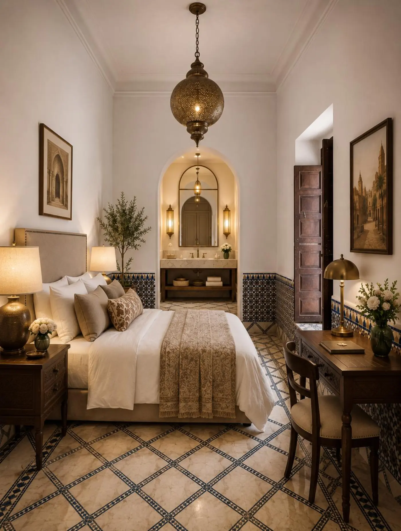 Chambre traditionnelle avec coin bureau, zellige et lumière douce